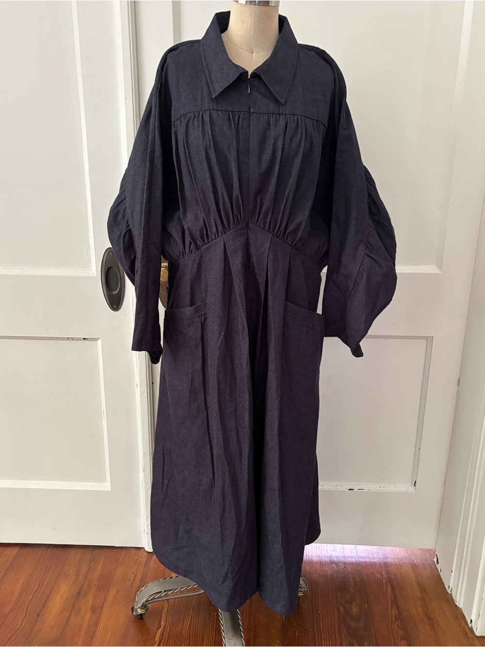 Co Collection Gathered Cotton-Chambray Midi Shirt Maxi Dress XL - Picture 2 of 11
